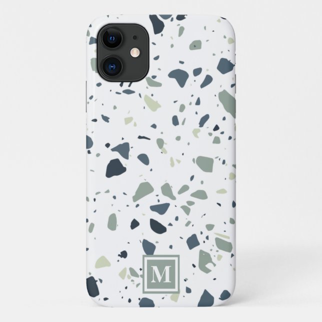 Modern Blue Green Terrazzo Marble Monogram Case-Mate iPhone Case (Back)