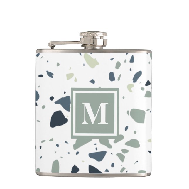 Modern Blue Green Terrazzo Marble Monogram Hip Flask (Front)