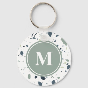 Modern Blue Green Terrazzo Marble Monogram Key Ring