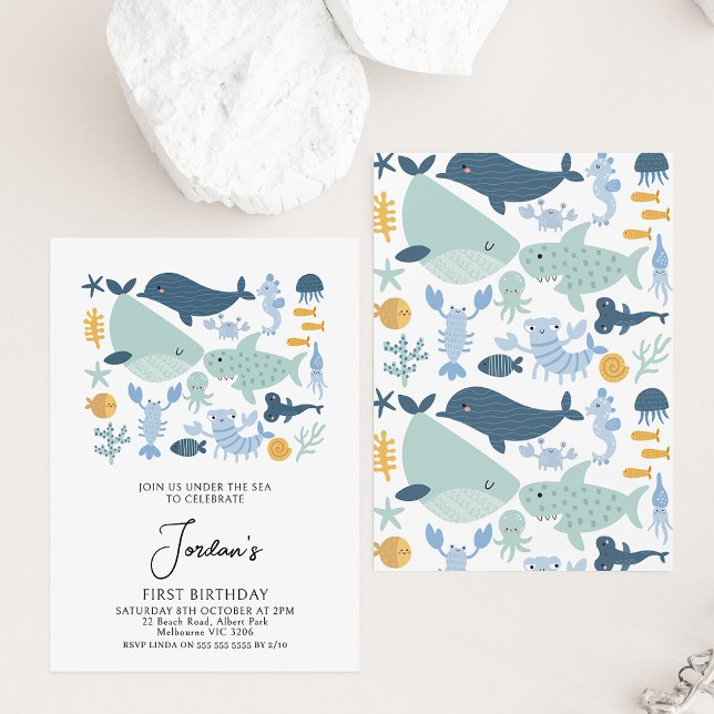 Modern Blue Green Under The Sea Boys 1st Birthday Invitation (Modern under the sea themed first birthday invitation featuring a whale, dolphin, shark and more.)