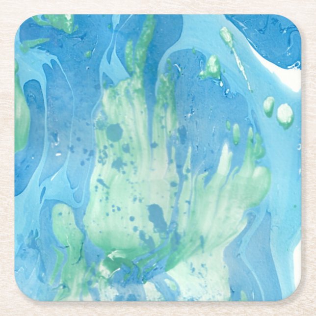 Modern Blue Green White Marble Look Abstract Square Paper Coaster (Front)