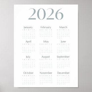 Modern Blue-Grey 2026 Calendar Simple One-Page  Poster