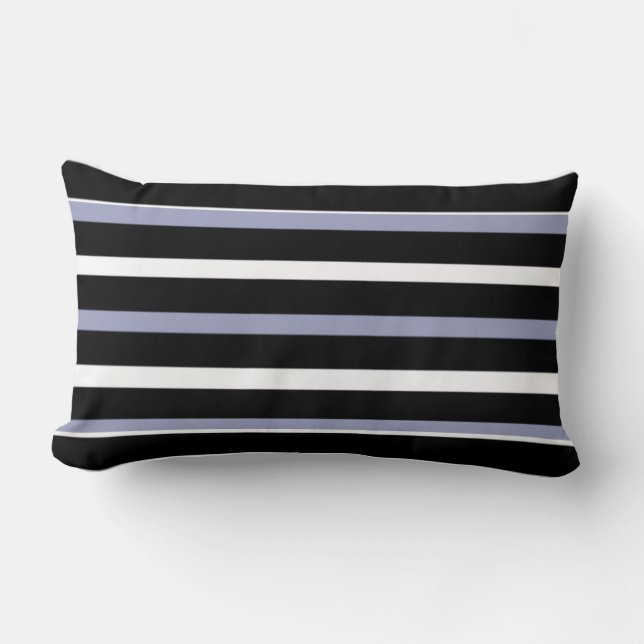 Modern blue grey black white horizontal stripes lumbar cushion (Front)