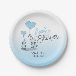 Modern Blue Grey Blue Elephant BOY Baby Shower Paper Plate