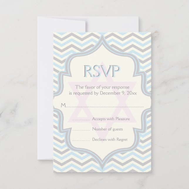 Modern blue, grey chevron zigzag Bat Mitzvah RSVP Card (Front)
