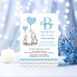 Modern Blue Grey Elephant SIP & SEE Baby Boy Invitation