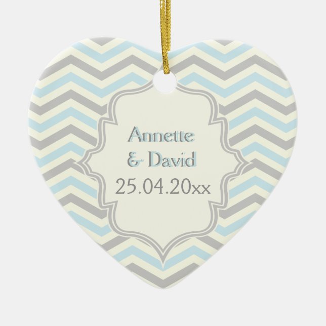 Modern blue, grey, ivory chevron pattern custom ceramic tree decoration (Front)