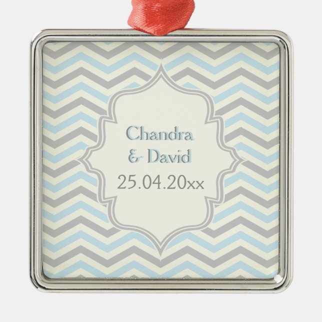 Modern blue, grey, ivory chevron pattern custom metal tree decoration (Front)