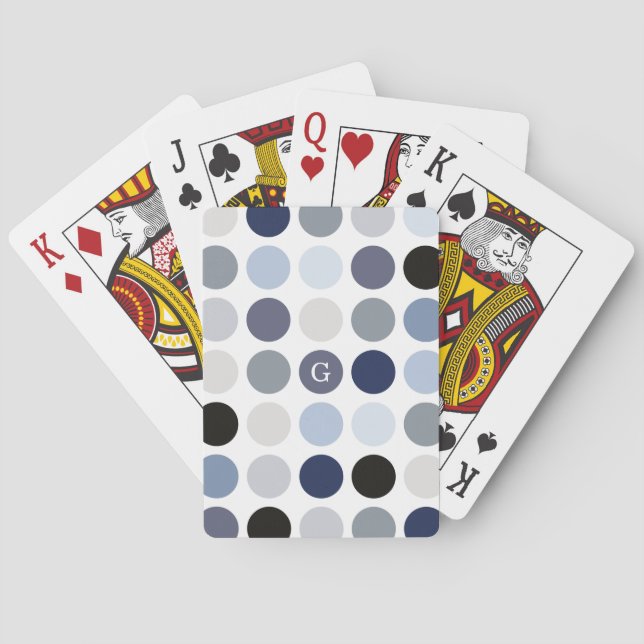 modern blue grey polka dots pattern monogram playing cards (Back)