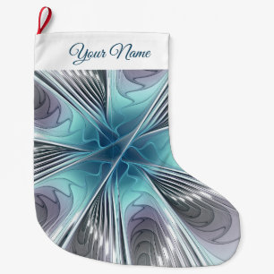 Modern Blue Grey White Fractal Art Flower Own Name Large Christmas Stocking