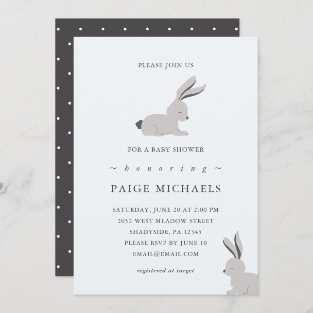 Modern Blue Grey with Bunnies and Dots Invitation (Front/Back)