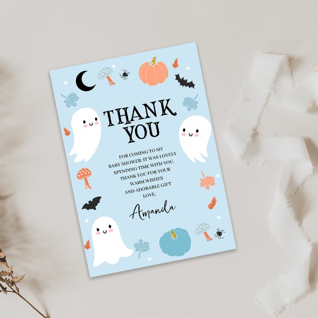 Modern Blue Halloween Baby Shower Thank You Card (Blue Halloween Baby Shower Thank You Card Boy Fall Halloween Baby Shower Card Instant Download)