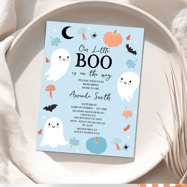 Modern Blue Halloween Little Boo Baby Shower Invitation (Blue Halloween Baby Shower Invitation, Our Little Boo baby Shower Invitation, Ghosts October Baby )