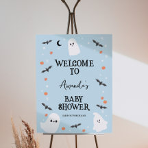Modern Blue Halloween Welcome Baby Shower Sign