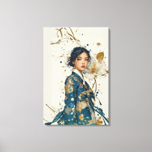 Modern Blue Hanbok and Gold Foil Floral Canvas Art
