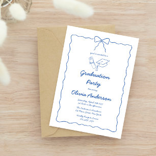 Modern Blue Hand-Drawn Bow Wavy Graduation Party Invitation
