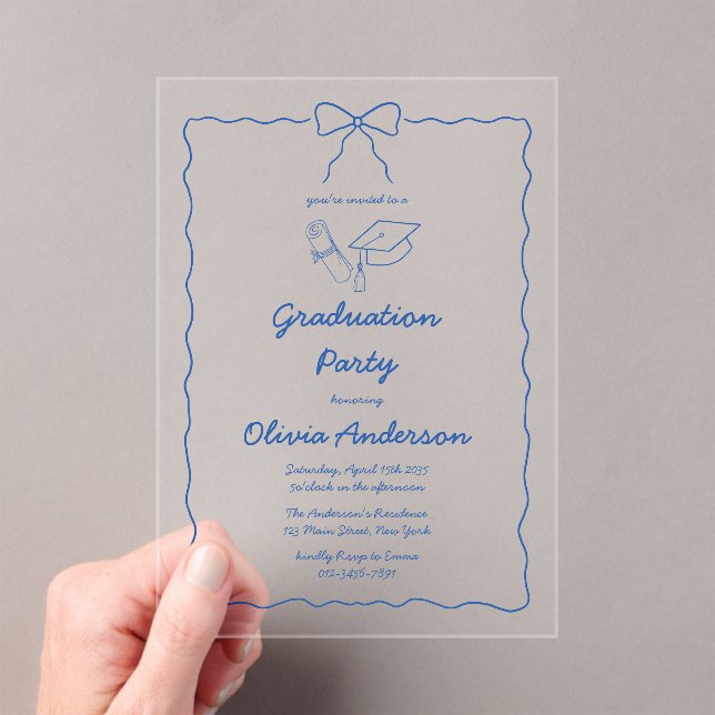 Modern Blue Hand-Drawn Wavy Bow Graduation Party Acrylic Invitations (Insitu (Handheld))