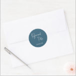 Modern Blue Handwritten Script Elegant Wedding Classic Round Sticker<br><div class="desc">Elegant wedding stickers featuring a simple and classic design with your names in a modern script and your wedding date in a traditional serif font.</div>