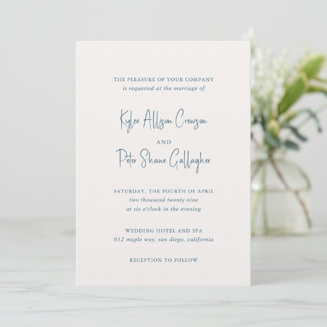 Modern Blue Handwritten Script Elegant Wedding Invitation (Standing Front)