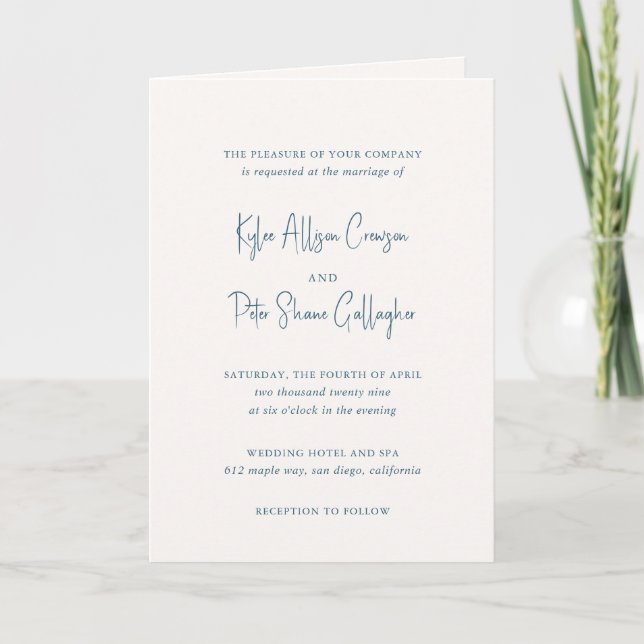 Modern Blue Handwritten Script Elegant Wedding Invitation (Front)