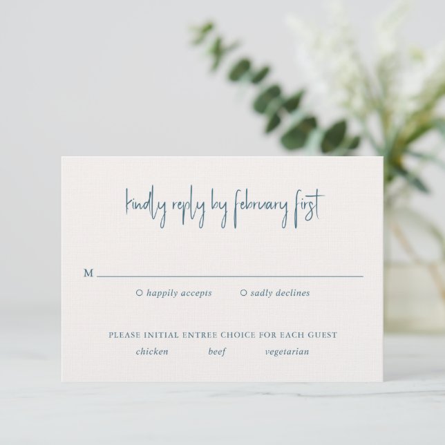 Modern Blue Handwritten Script Elegant Wedding RSVP Card (Standing Front)