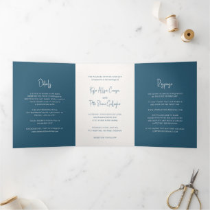 Modern Blue Handwritten Script Elegant Wedding Tri-Fold Invitation