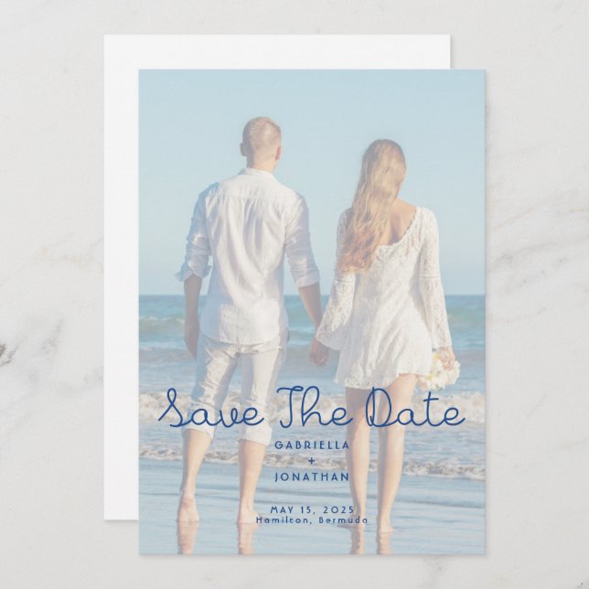 Modern Blue Handwritten Wedding Photo  Save The Date (Front/Back)