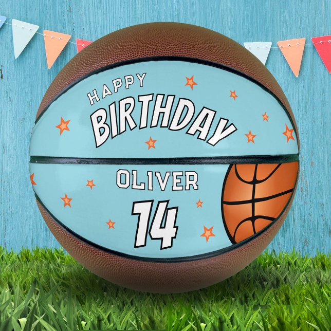 Modern Blue Happy Birthday Stars Keepsake Basketball (Creator Uploaded)