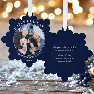 Modern Blue Happy Holidays Photo Tree Decoration Card