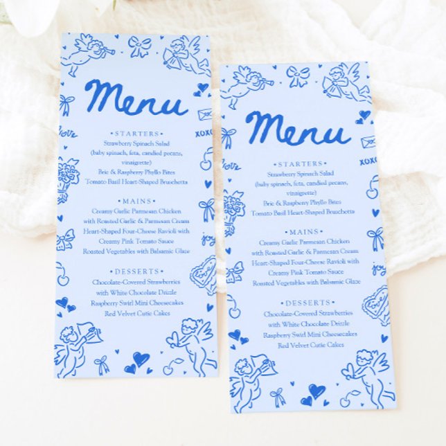 Modern Blue Hearts Hand Drawn Valentine Menu (Modern Blue Hearts Hand Drawn Valentine Menu)