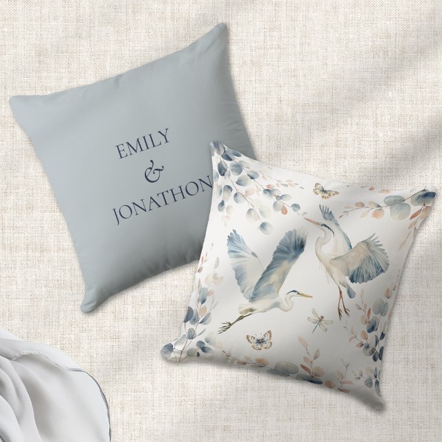 Modern Blue Herons Flying Names Newlyweds Cushion (Front and back view)