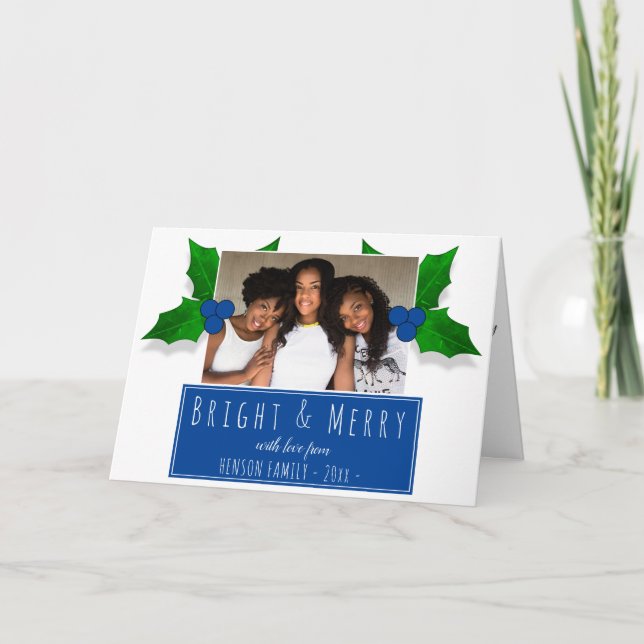 Modern Blue Holly Berry Plant Leaves Photo Holiday Card (Front)