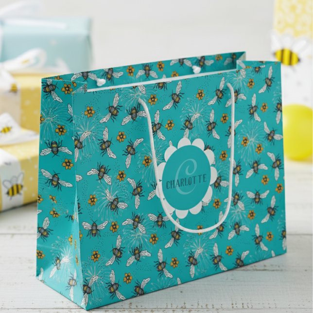 Modern Blue honeybee and Flowers Large Gift Bag (Modern Blue Floral Bee Gift Bags for Nature & Insect Lover. Elegant Honeybee Pattern for Birthday)