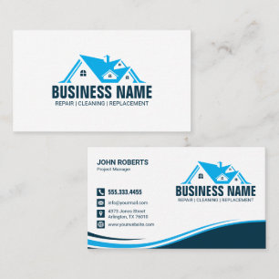 Modern Blue House Roof Construction Business Card