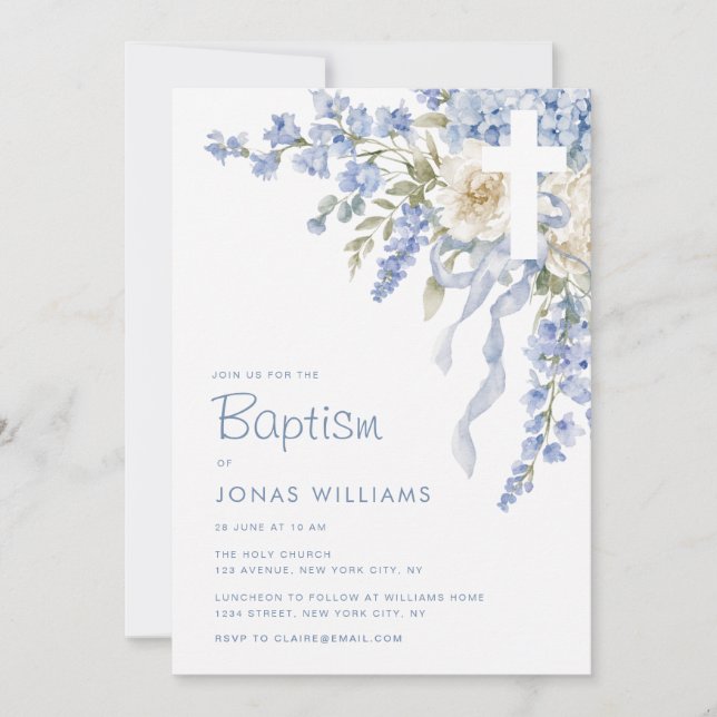Modern blue hydrangea baptism invitation (Front)