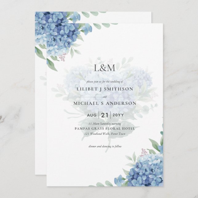 Modern Blue Hydrangea Floral Wedding Invitation (Front/Back)