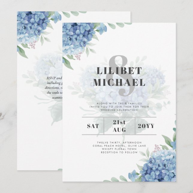 Modern Blue Hydrangea Floral Wedding Invitation (Front/Back)