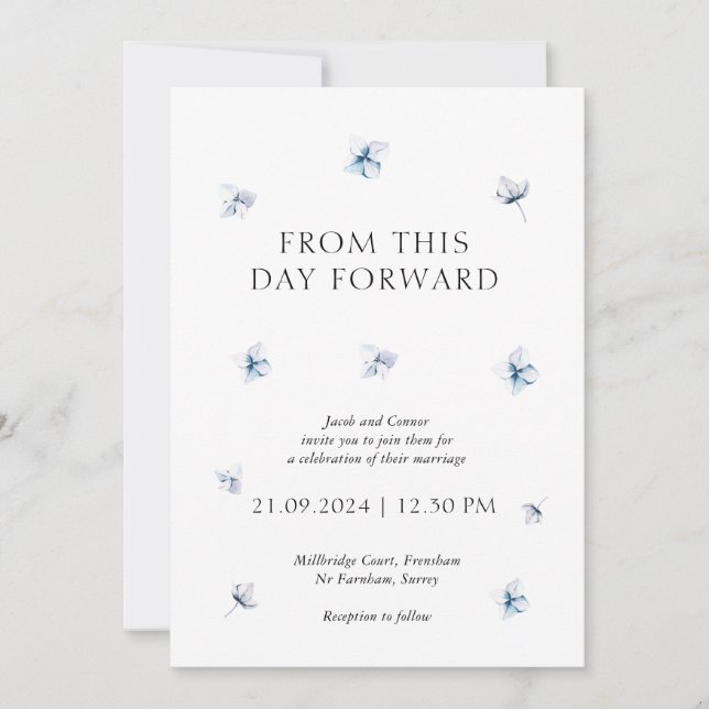 Modern Blue Hydrangea Floral Wedding Invitation (Front)