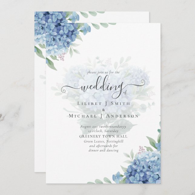 Modern Blue Hydrangea Floral Wedding Invitation (Front/Back)