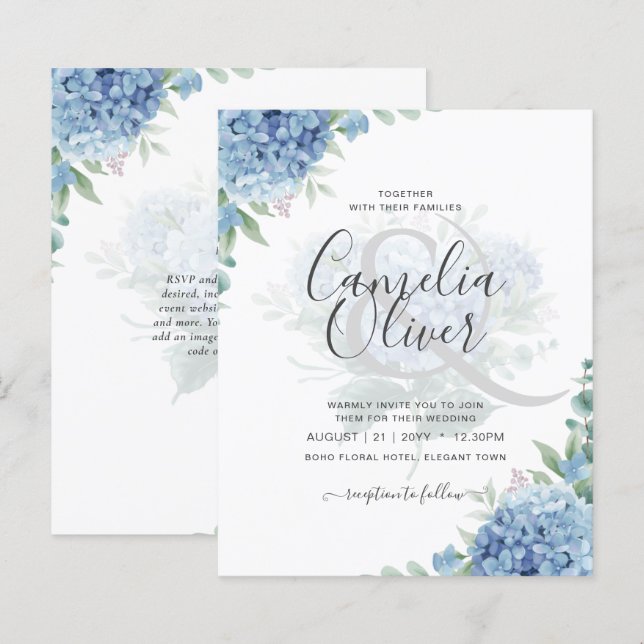 Modern Blue Hydrangea Floral Wedding Invitation (Front/Back)