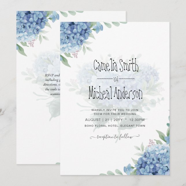 Modern Blue Hydrangea Floral Wedding Invitation (Front/Back)