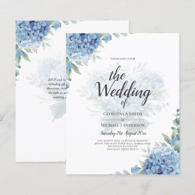 Modern Blue Hydrangea Floral Wedding Invitation (Front/Back)