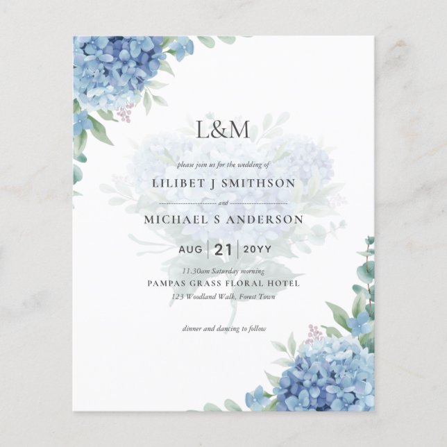 Modern Blue Hydrangea Floral Wedding Invitation Flyer (Front)