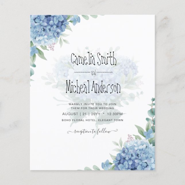 Modern Blue Hydrangea Floral Wedding Invitation Flyer (Front)