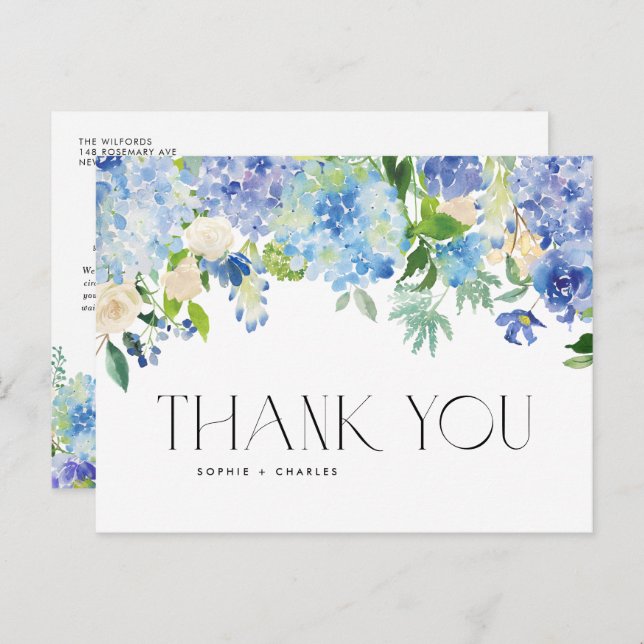 Modern Blue Hydrangea Flowers Wedding Thank You Postcard (Front/Back)