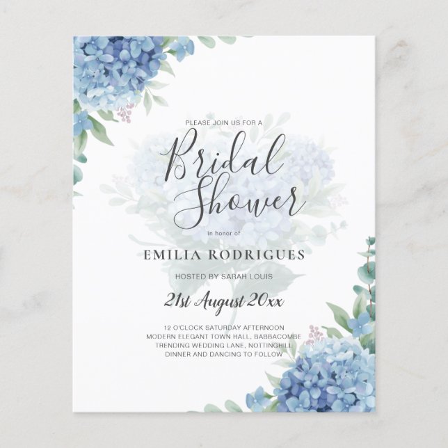 Modern Blue Hydrangea PHOTO Bridal Shower Invites Flyer (Front)