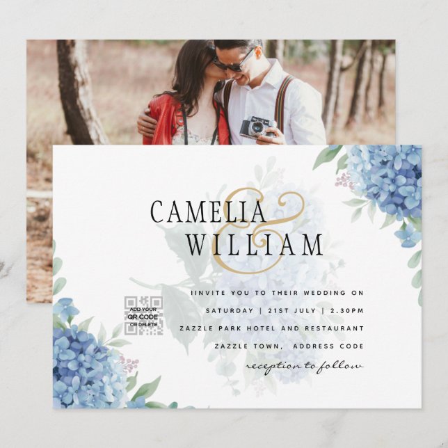 Modern Blue Hydrangea PHOTO Wedding Invitation (Front/Back)