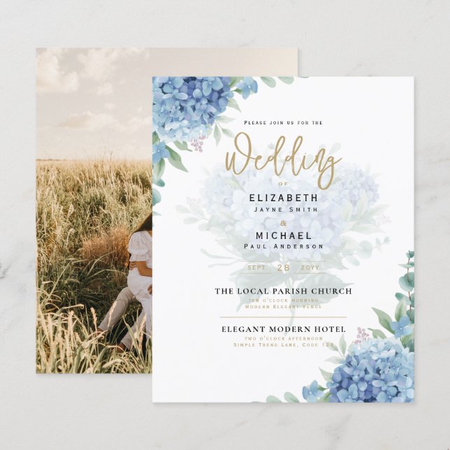 Modern Blue Hydrangea PHOTO Wedding Invitation (Front/Back)