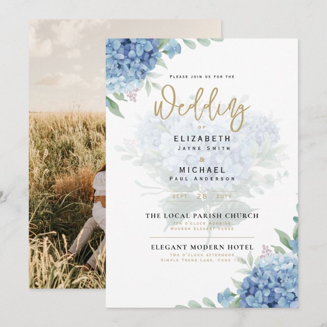 Modern Blue Hydrangea PHOTO Wedding Invitation (Front/Back)