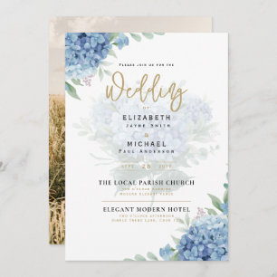 Modern Blue Hydrangea PHOTO Wedding Invitation